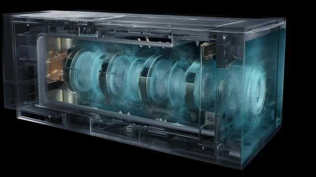 Transparent subkelvin chamber reveals intricate insulation and cooling processes, ensuring ultralow temperatures for superconducting membranes, essential for advanced technologies