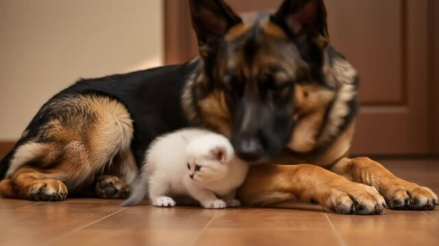German shepherd and kitten friendship adorable pets together cute 4k video