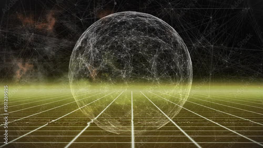 Poster horizontal light band initiating data scan, network sphere pulsing nodes and illuminating neon grid