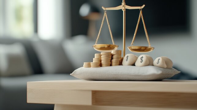 A balanced scale with coins and bills representing financial judgment and investment.