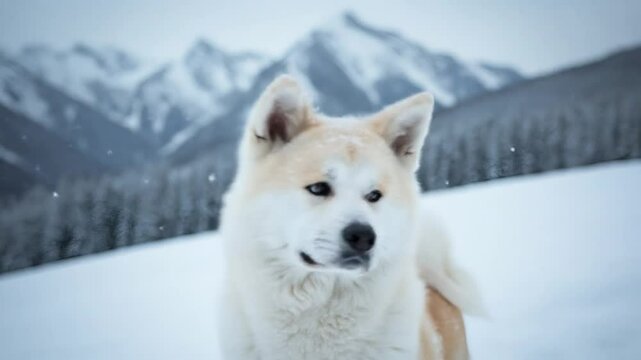 Akita dog in snowy mountains portrait beautiful canine breed pet 4k video