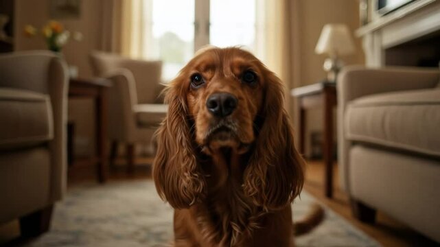 Cute cocker spaniel dog portrait in living room adorable pet friend 4k video