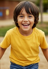 Happy Boy In Yellow Shirt Smiling At Playground Portrait Photo