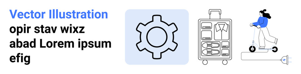 Gear icon for productivity, packed suitcase for travel, and woman riding electric scooter for eco-mobility. Ideal for travel apps, productivity, transportation, eco-lifestyle, technology, urban