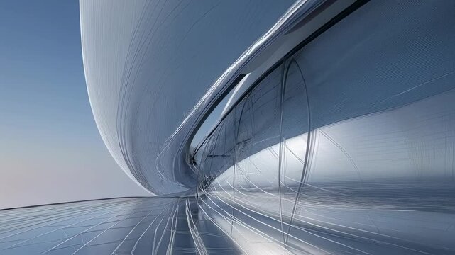 Smooth, glossy metallic panels curve around a glass facade, reflecting the sky and creating a futuristic architectural design that rotates, showcasing its sleek and modern aesthetic