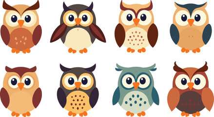 Fototapeta premium A set of cute owl mascot vector clip arts. Adorable, wise designs isolated on transparent background. Perfect for kids’ projects, education, nature, and fun branding.