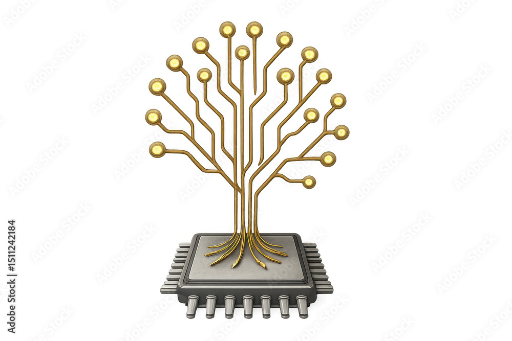 Poster digital circuitry branching from microchip, symbolizing technological advancement and progress again