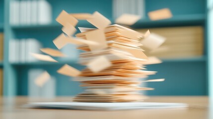 Dynamic scene of documents flying off a stack, symbolizing chaos in office environment.