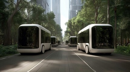 Obraz premium Futuristic electric buses navigating through a green urban environment.