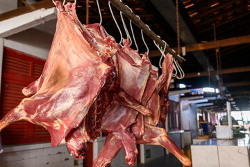 Goat meat for sale at an open market in Serra Branca, Paraíba, Brazil on May 24, 2025.