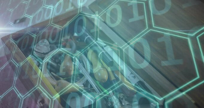 Toolbox drawer receiving technology scanning hex grid and binary overlay while camera panning