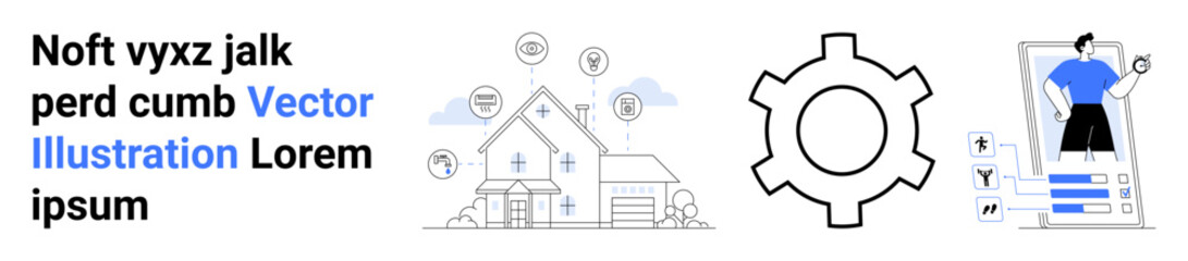House with IoT connections, gear representing settings, profile on tablet. Ideal for smart tech, automation, personalization, profiles, productivity, solutions simple landing page