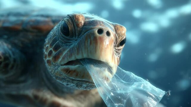 Underwater Sea Turtle Mistaking Plastic Bag for Jellyfish in Ocean Pollution Scene