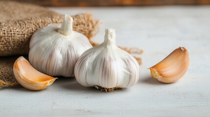 Fresh garlic bulbs and cloves on a rustic surface