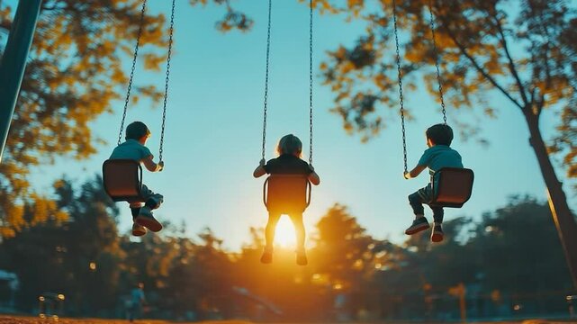 Three children on swings silhouettes against a bright sunset sky. Golden hour sunlight creates a warm atmosphere with a park setting. Trees surround the scene.