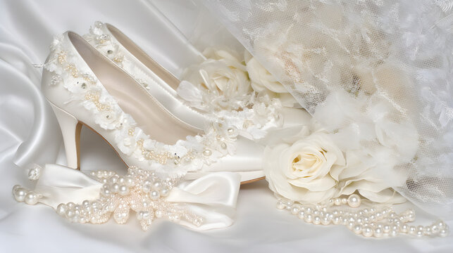Elegant bridal accessories with pearl shoes and veil, timeless romance and delicate beauty