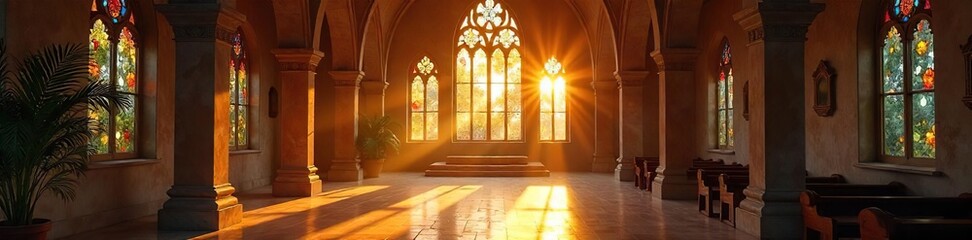 Obraz premium Serene sanctuary, sunlight streaming through stained glass windows in a spiritual retreat center Tranquil atmosphere, architectural details emphasize peace and contemplation , energy, window