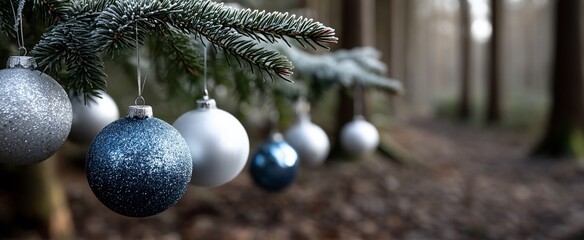 Frosted Christmas tree ornaments in a forest