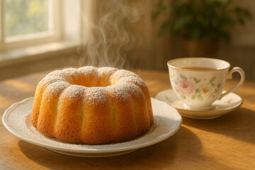 A delightful scene of a bundt cake with powdered sugar and a teacup on a wooden table top