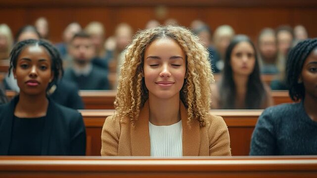 Portrait of diverse young women smiling in a courtroom setting warm tones. The focus is on the central woman with curly hair wearing a blazer. Other people blurred in background.
