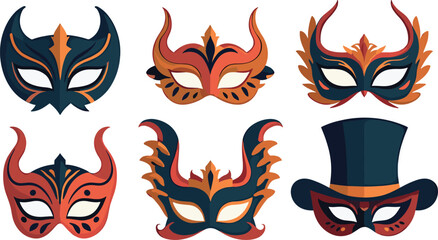 Collection of elegant carnival and masquerade Venetian opera masks in ornate styles with feathers and horns. Vector illustrations isolated on transparent background.