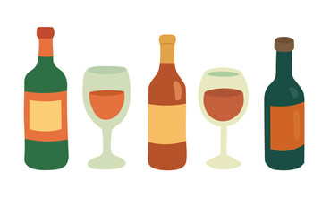 Set of cartoon bottles and wineglasses in flat style. Simple vector design with warm palette.