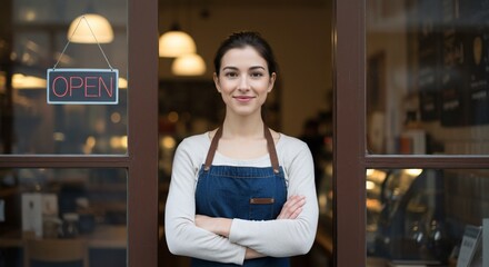Smiling woman in doorway, shop open for business, interior is blurred background