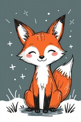 Obraz premium Cute cartoon fox sitting and smiling in a snowy scene with a dark background and playful white accents.