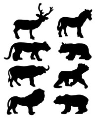 Collection of different sillhouette of animals isolated on a white background. Different animals set