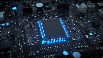 Glowing computer chip and CPU motherboard technology circuit board .