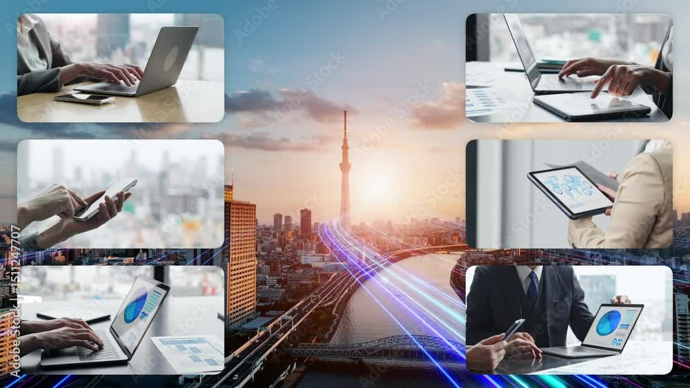 Poster Collage video of various digital device usage scenes and communication networks
