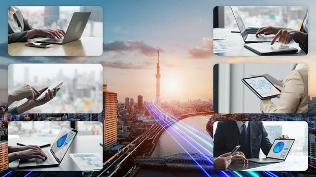 Collage video of various digital device usage scenes and communication networks