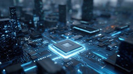 Fototapeta premium Advanced Microchip Integrated into a Futuristic Cityscape