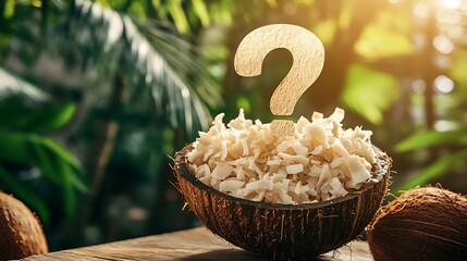 Close-up of Coconut Shell Bowl Filled with Coconut Flakes With A Question Mark Overlayed Suggesting Food Mystery