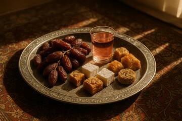 Still life of dates, sweets, and a drink on an ornate silver tray, with sunlight patterns