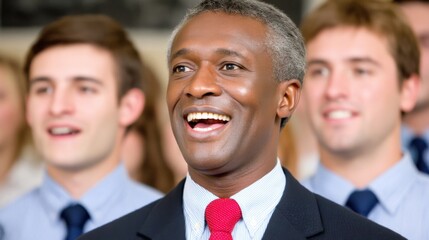 Confident businessman smiling during a professional event with colleagues