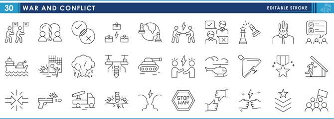 A set of line icons related to War and Conflict. War, dispute, fight, destruction, debate, diplomacy, and so on. Vector editable stroke.