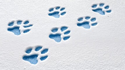 Animal paw prints in blue on white snow surface with no transparency