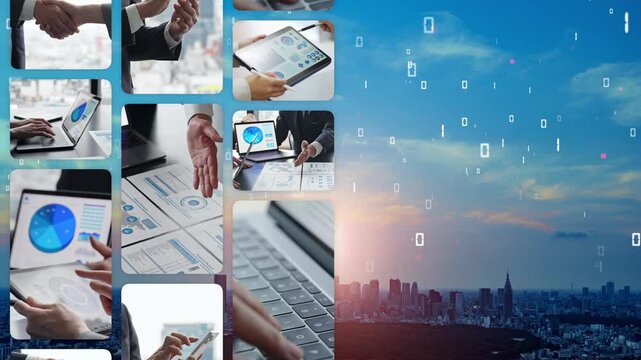 Collage video of various business scenes and digital technology