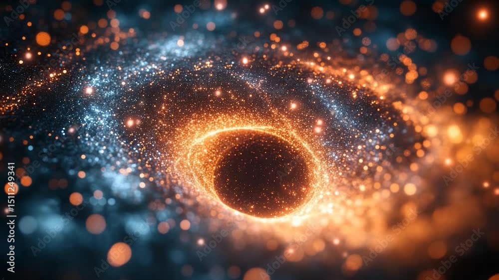 Wall mural dynamic visualization of a black hole with bright orange and blue celestial particles in a vast cosm