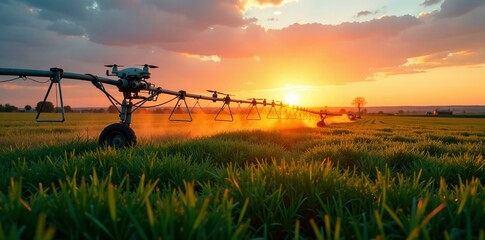 Pivot irrigation system under drone surveillance with sunset sky behind , farmland, crop growth, water management