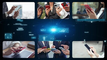 Collage video of various smartphone usage scenarios and digital technology - Powered by Adobe