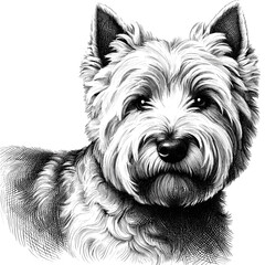 West Highland White Terrier portrait engraving illustration. Detailed dog head drawing shows fluffy fur and expressive eyes. This dog portrait is perfect for pet-related websites and brochures.