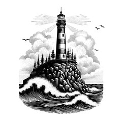 The rock island amidst wavy sea with a Lighthouse on. Dramatic lighthouse on rocky outcrop surrounded by crashing waves and cloudy sky.  Lighthouse graphic for nautical themed design projects.