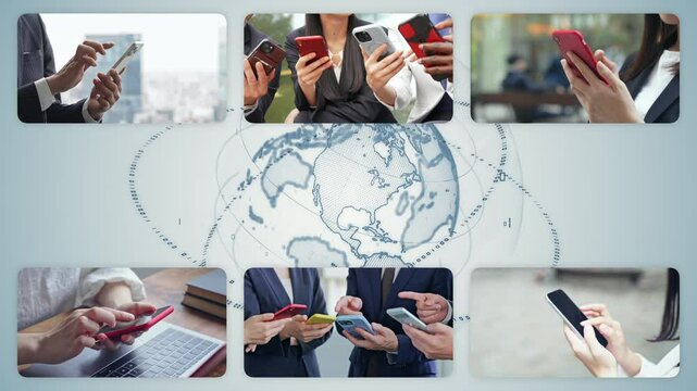 Collage video of various smartphone usage scenarios and global networks