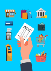 Receipt for Purchase. Hand holds paper receipt. Bill icon of payment. Expense balance of shopping. Vector illustration stock Illustration