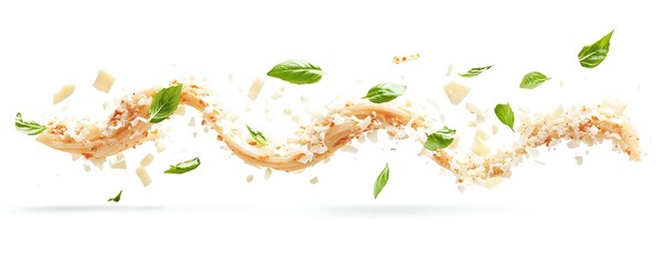 Fototapeta premium Swirling Pasta Dish with Cheese and Basil Sprigs in Motion Against White Background