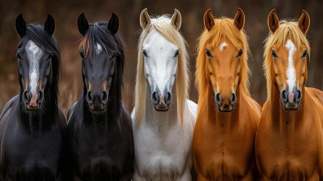 Five horses of different coat colors stand facing the viewer in a row against a blurred natural backdrop. The horses vary from black to white to chestnut with varying mane colors.