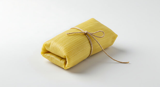 Single wrapped pamonha (Brazilian corn cake) tied with string, photographed on white background &mdash; typical festive food item