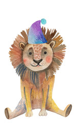 Watercolor jungle lion safari animal baby illustration.